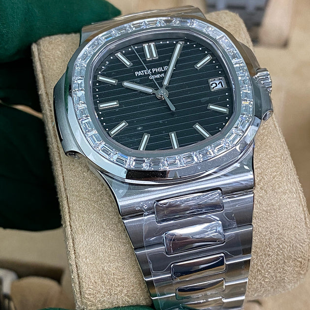 Patek Philippe Steel Nautilus Watch Ref. 5711 with Green Dial and Baguette Diamonds