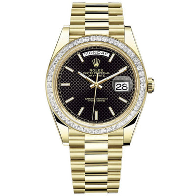 Rolex Day-Date 40 Presidential 228398 Baguette Diamond Bezel Black Dial-First Class Timepieces