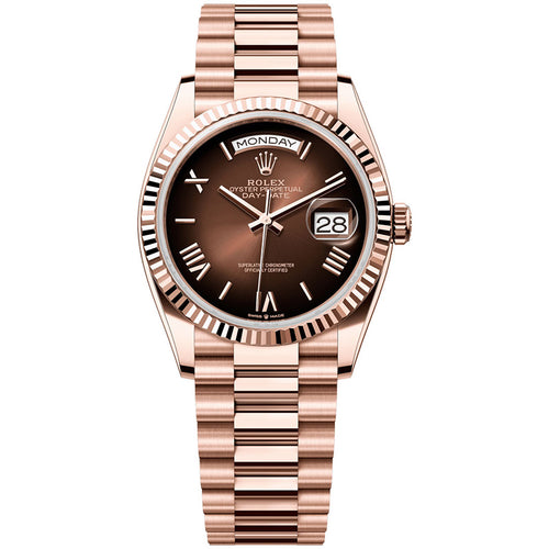 Rolex Day-Date Brown Roman Numeral Dial Fluted Bezel 36mm 128235