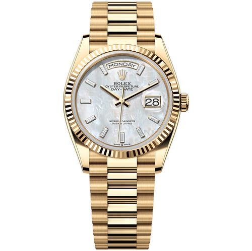 Rolex Day-Date 36mm Presidential 128238 Fluted Bezel White Mother Of Pearl Baguette Diamond Dial