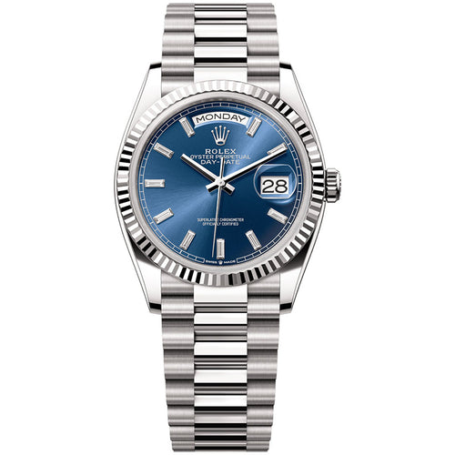 Rolex Day-Date 36 White Gold Blue Baguette Dial 128239