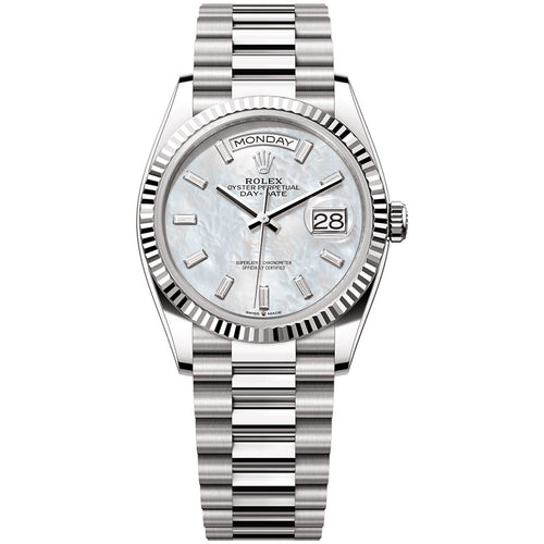 Rolex Day-Date Mother Of Pearl Baguette Diamond Dial Fluted Bezel 36mm 128239