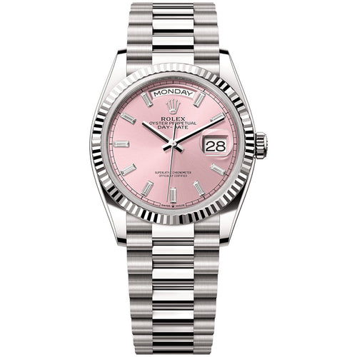 Rolex Day-Date Pink Baguette Diamond Dial Fluted Bezel 36mm 128239