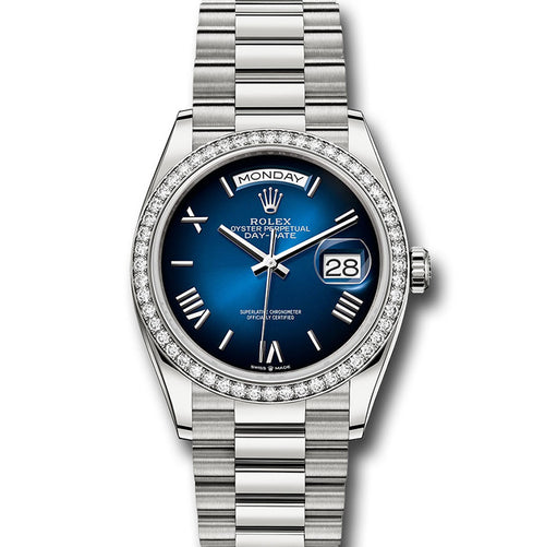 Rolex Day-Date Blue Dial Diamond Bezel 36mm 128349RBR