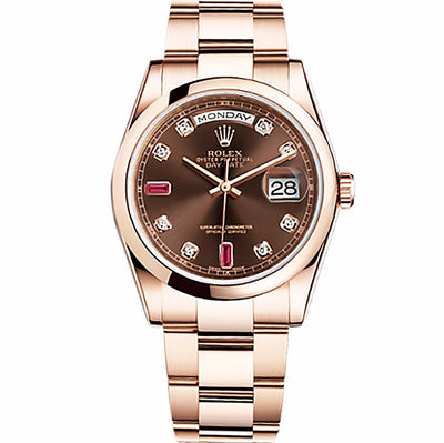 Rolex Day-Date 36 Rose Gold Chocolate Diamond and Ruby Dial 118205