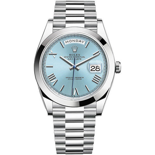 Rolex Day-Date 40 Platinum Presidential 228206 Smooth Bezel Ice Blue Dial