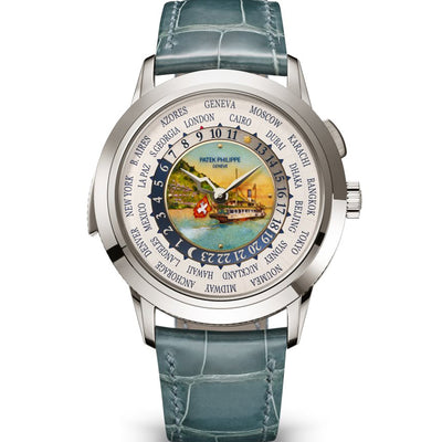 Patek Philippe World Time Complication 40mm 5531G Grand Feu cloisonné enamel center with steamboat cruising on Lake Geneva Dial