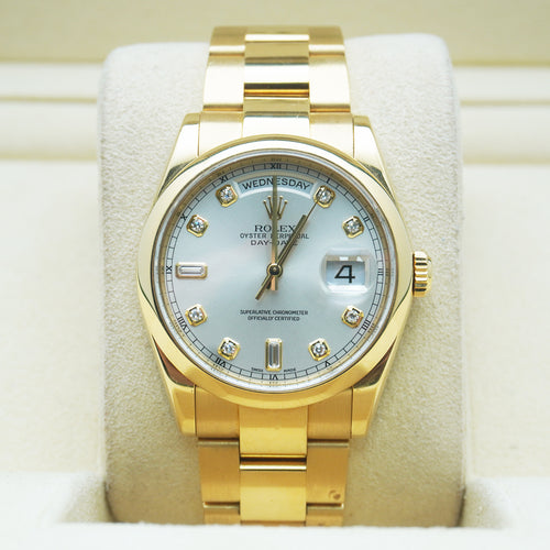Rolex Day-Date 36 White dial Set With Diamonds Dial Yellow Gold Watch 118208 Pre-Owned