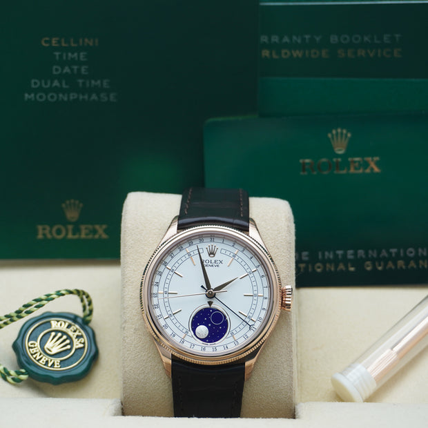 Rolex Cellini Moonphase 2023 FULL STICKERS Rolex Cellini Moonphase White Dial Rose Gold Mens Watch 50535