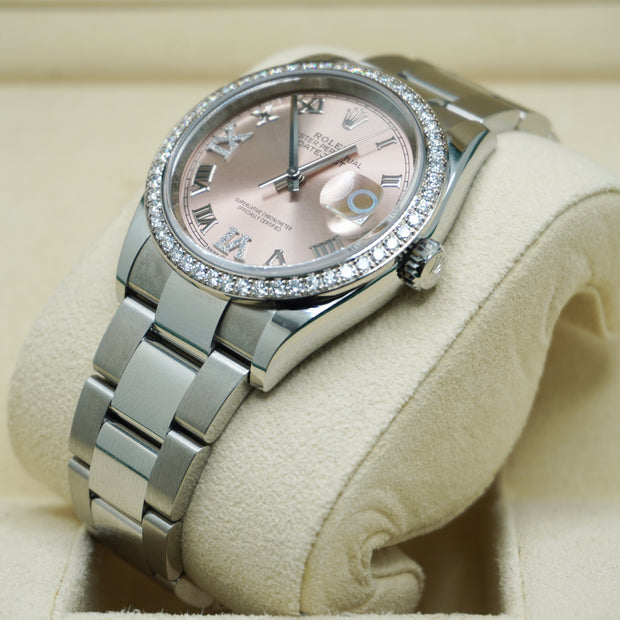 Rolex Datejust Pink Roman Numeral Diamond Dial Diamond Bezel 36mm 126284RBR
