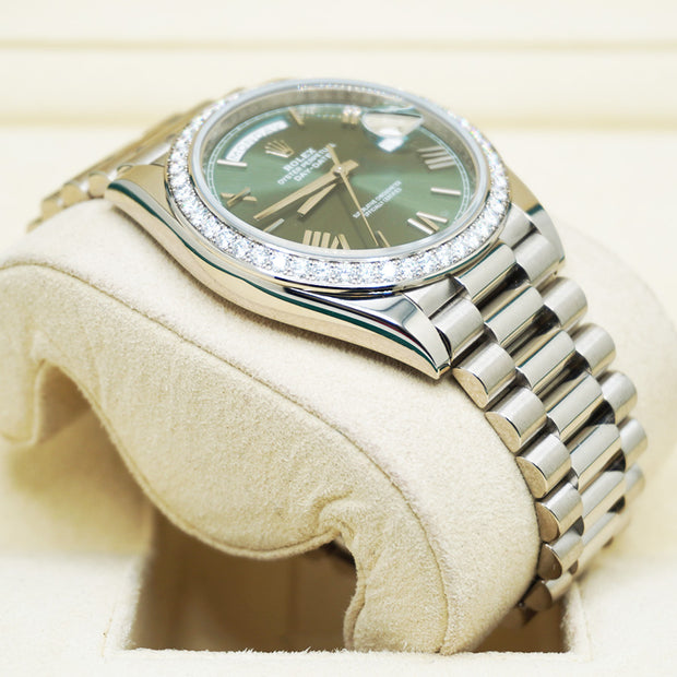 Rolex Day-Date 40 Presidential 228349RBR Diamond Bezel Olive Green Dial