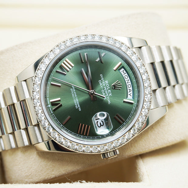 Rolex Day-Date 40 Presidential 228349RBR Diamond Bezel Olive Green Dial