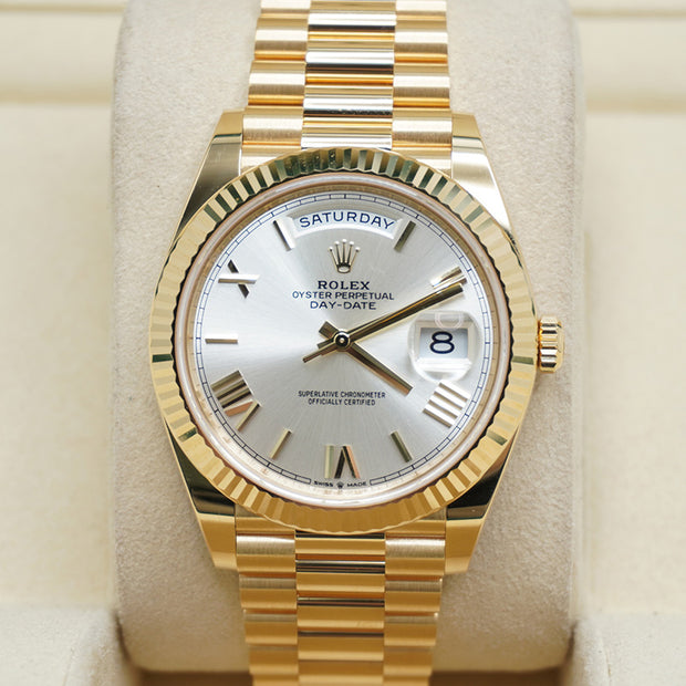 Rolex Day-Date 40 Presidential 228238 Fluted Bezel Silver Dial