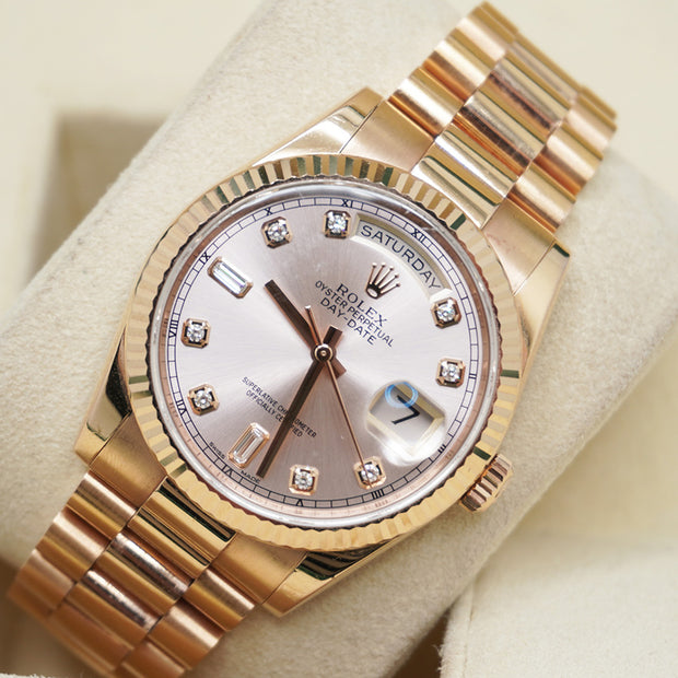 Rolex Day-Date 36 36mm Pink Factory Diamond Dial 118235 Pre-Owned
