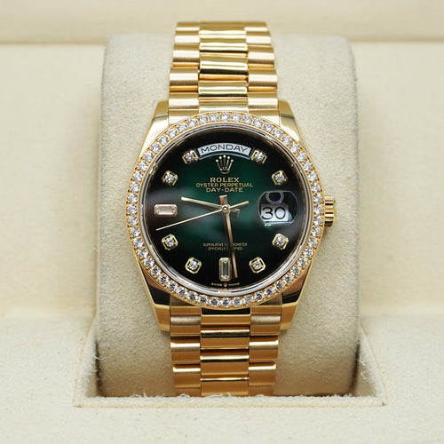 Rolex Day-Date Green Ombre Diamond Dial Diamond Bezel 36mm 128348RBR Pre Owned