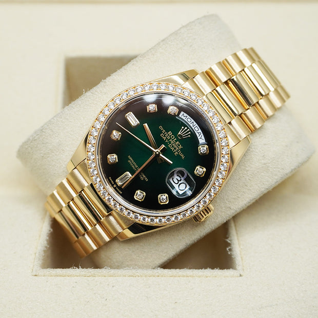 Rolex Day-Date Green Ombre Diamond Dial Diamond Bezel 36mm 128348RBR Pre Owned