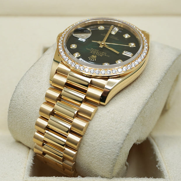 Rolex Day-Date Green Ombre Diamond Dial Diamond Bezel 36mm 128348RBR Pre Owned