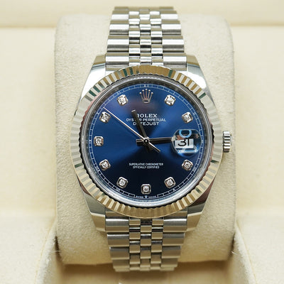 Rolex Datejust 41mm Bright Blue Diamond Dial Fluted Bezel 126334 Pre-Owned
