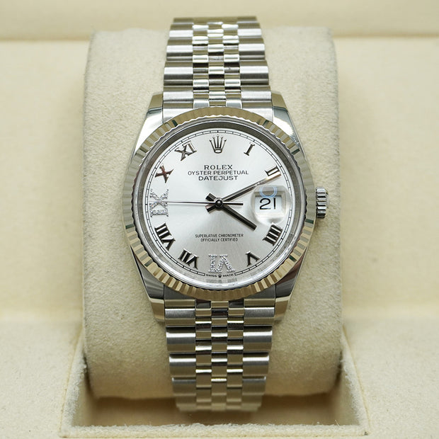 Rolex Datejust 36mm Fluted Bezel Jubilee Bracelet Silver Diamond and Hour Marker Dial Pre-Owned