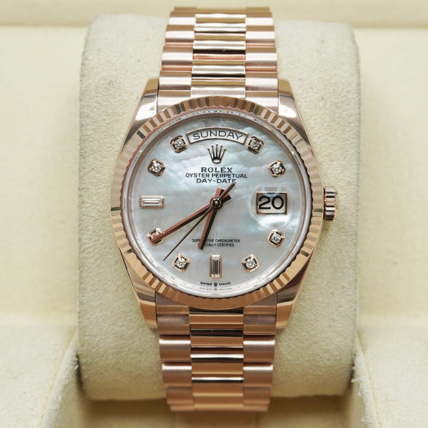 Rolex Day-Date Mother Of Pearl Diamond Dial Fluted Bezel 36mm 128235