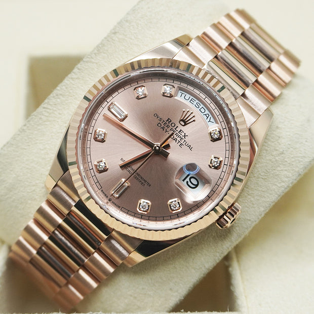 Rolex Day-Date Rose Diamond Dial Fluted Bezel 36mm 128235