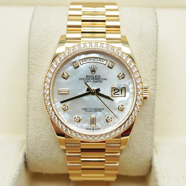 Rolex Day-Date Mother Of Pearl Diamond Dial Diamond Bezel 36mm 128348RBR