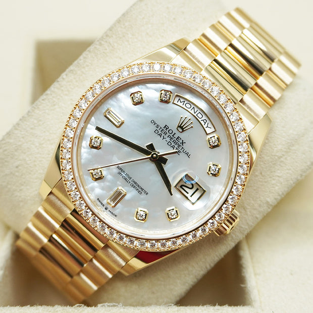 Rolex Day-Date Mother Of Pearl Diamond Dial Diamond Bezel 36mm 128348RBR