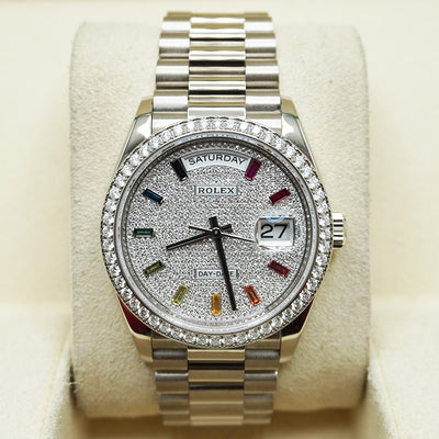 Rolex Day-Date 36 White Gold Diamond Bezel Diamond-Paved Dial 128349RBR Pre-Owned