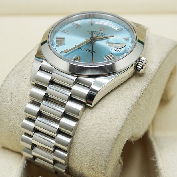 Rolex Day-Date 40 Platinum Presidential 228206 Smooth Bezel Ice Blue Dial Pre-Owned