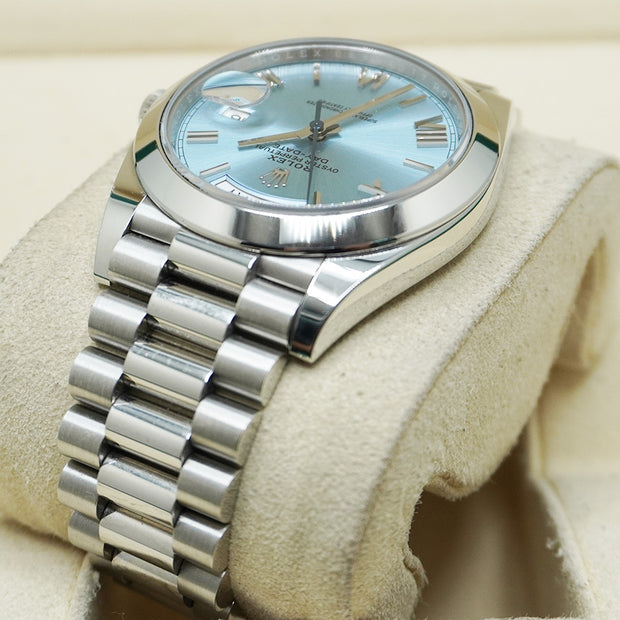 Rolex Day-Date 40 Platinum Presidential 228206 Smooth Bezel Ice Blue Dial Pre-Owned