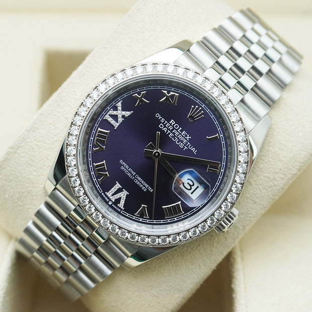 Rolex Datejust Purple Roman Numeral Dial Diamond Bezel 36mm 126284RBR