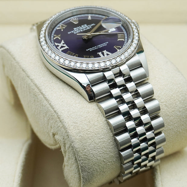 Rolex Datejust Purple Roman Numeral Dial Diamond Bezel 36mm 126284RBR