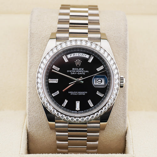 Rolex Day-Date 40 Presidential 228349RBR Diamond Bezel Baguette Diamond Black Dial Pre-Owned