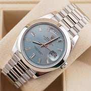 Rolex Day-Date 40 Platinum Presidential 228206 Smooth Bezel Baguette Diamond Ice Blue Dial