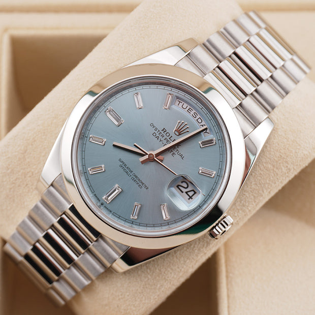 Rolex Day-Date 40 Platinum Presidential 228206 Smooth Bezel Baguette Diamond Ice Blue Dial