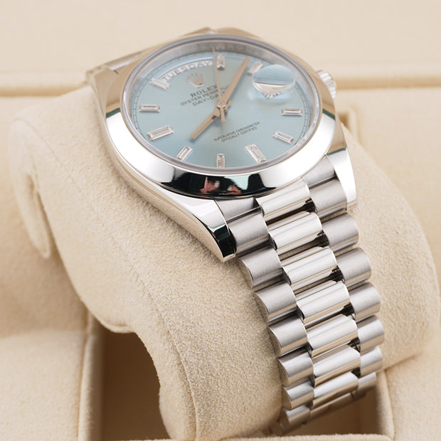 Rolex Day-Date 40 Platinum Presidential 228206 Smooth Bezel Baguette Diamond Ice Blue Dial