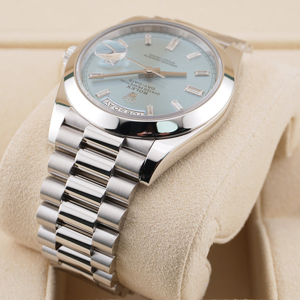 Rolex Day-Date 40 Platinum Presidential 228206 Smooth Bezel Baguette Diamond Ice Blue Dial