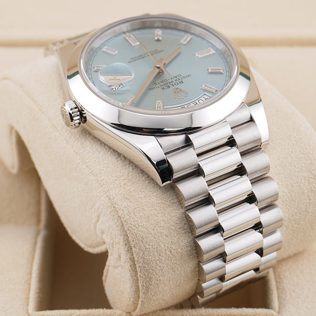 Rolex Day-Date 40 Platinum Presidential 228206 Smooth Bezel Baguette Diamond Ice Blue Dial