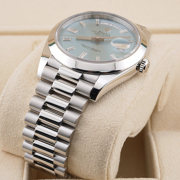 Rolex Day-Date 40 Platinum Presidential 228206 Smooth Bezel Baguette Diamond Ice Blue Dial