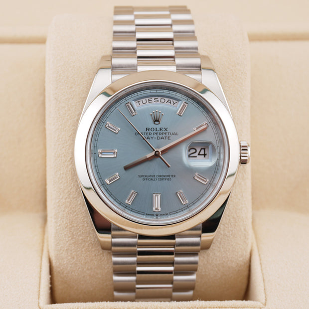 Rolex Day-Date 40 Platinum Presidential 228206 Smooth Bezel Baguette Diamond Ice Blue Dial