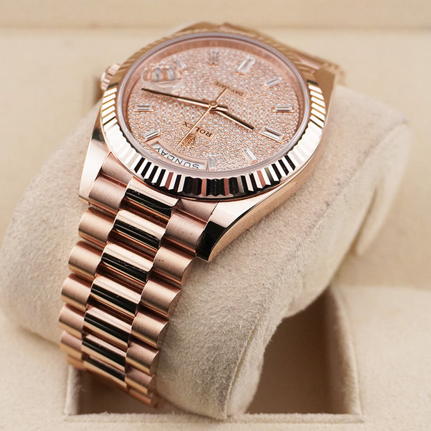 Rolex Day-Date 40 Presidential 228235 Fluted Bezel Baguette / Pave Diamond Dial
