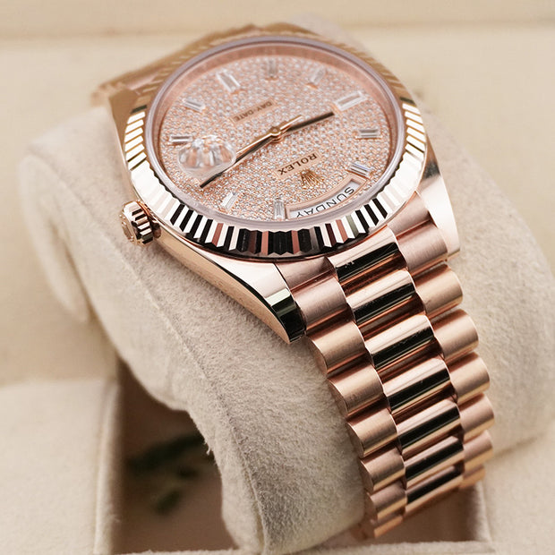 Rolex Day-Date 40 Presidential 228235 Fluted Bezel Baguette / Pave Diamond Dial