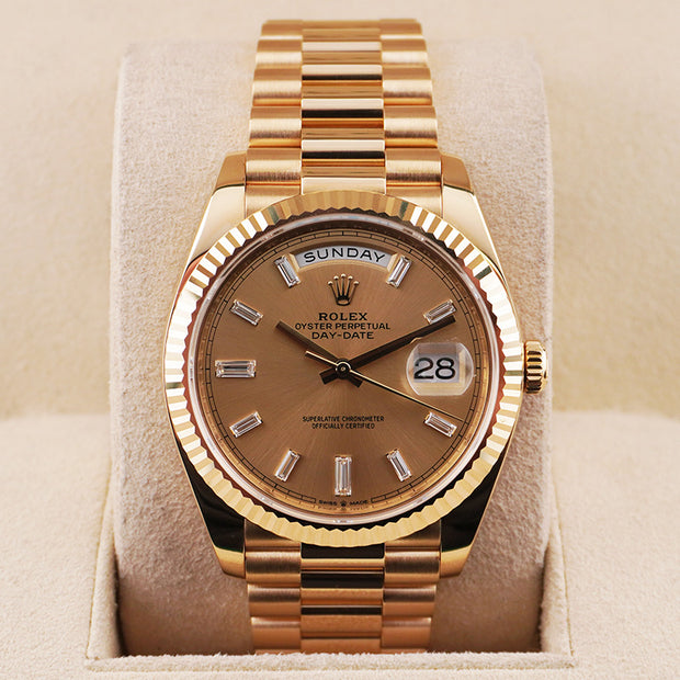 Rolex Day-Date 40 228238 Fluted Bezel Baguette Diamond Champagne Dial