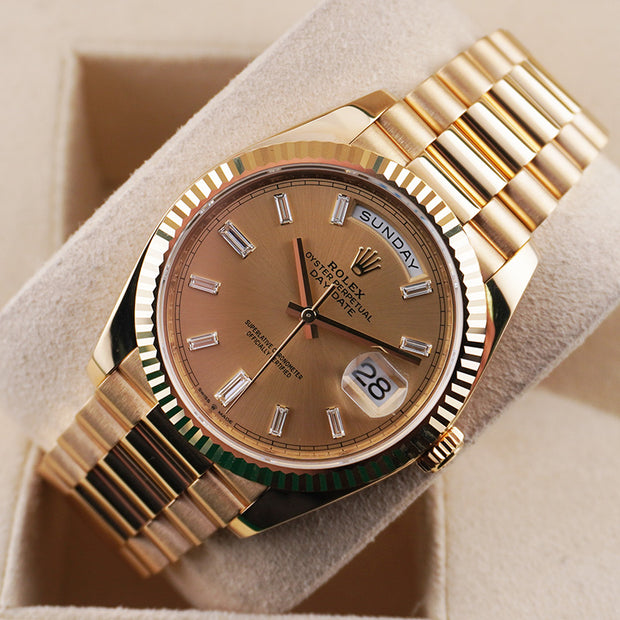 Rolex Day-Date 40 228238 Fluted Bezel Baguette Diamond Champagne Dial