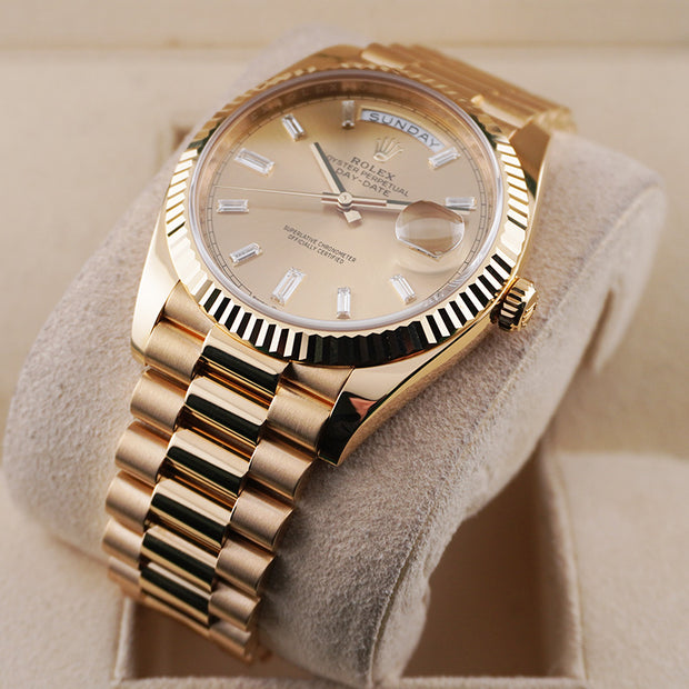 Rolex Day-Date 40 228238 Fluted Bezel Baguette Diamond Champagne Dial
