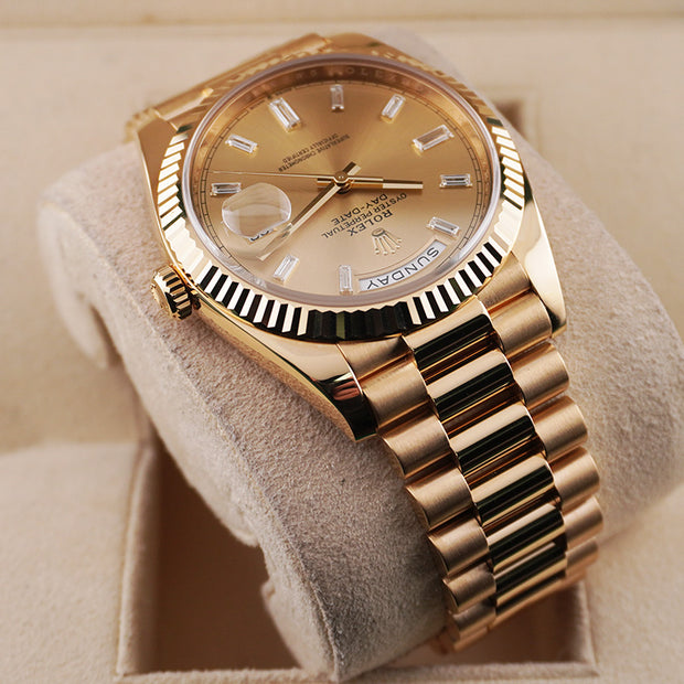 Rolex Day-Date 40 228238 Fluted Bezel Baguette Diamond Champagne Dial