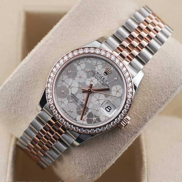 Rolex Datejust Silver Floral Motif Dial Diamond Bezel 31mm 278381RBR