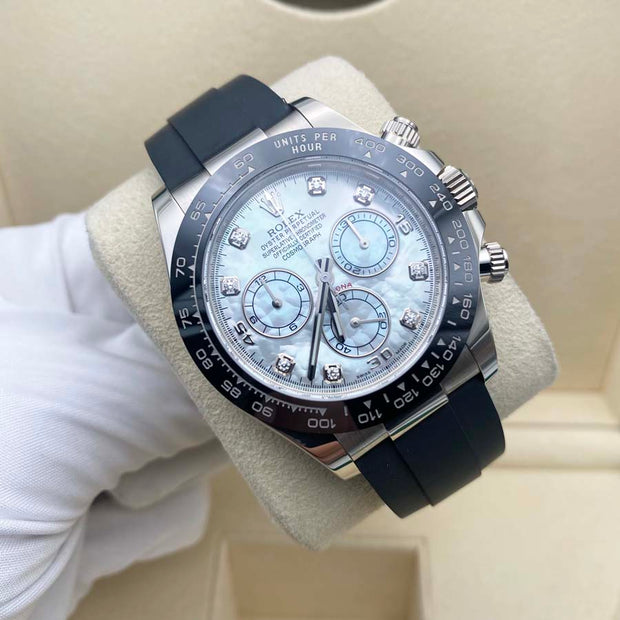Rolex Daytona 40mm Oyster Flex 116519LN White Gold White Mother Of Pearl Diamond Dial Pre-Owned