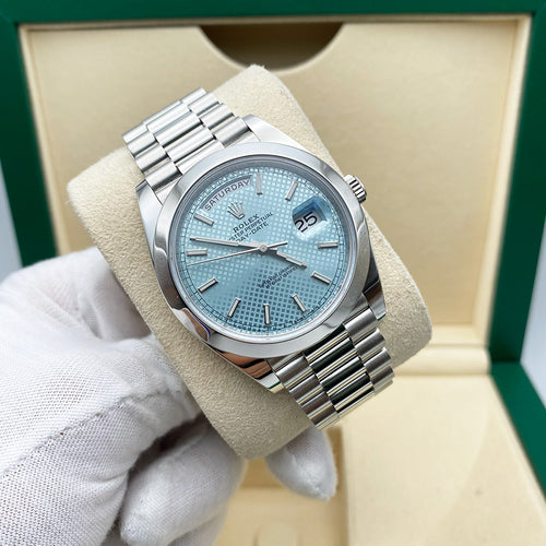 Rolex Day-Date 40 Platinum Presidential 228206 Smooth Bezel Ice Blue Diagonal Motif Dial Pre-Owned