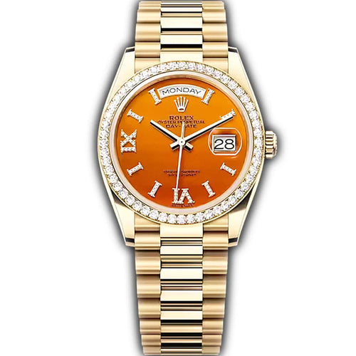 Rolex Day-Date 36 Yellow Gold Carnelian Dial Diamond Bezel 128348RBR